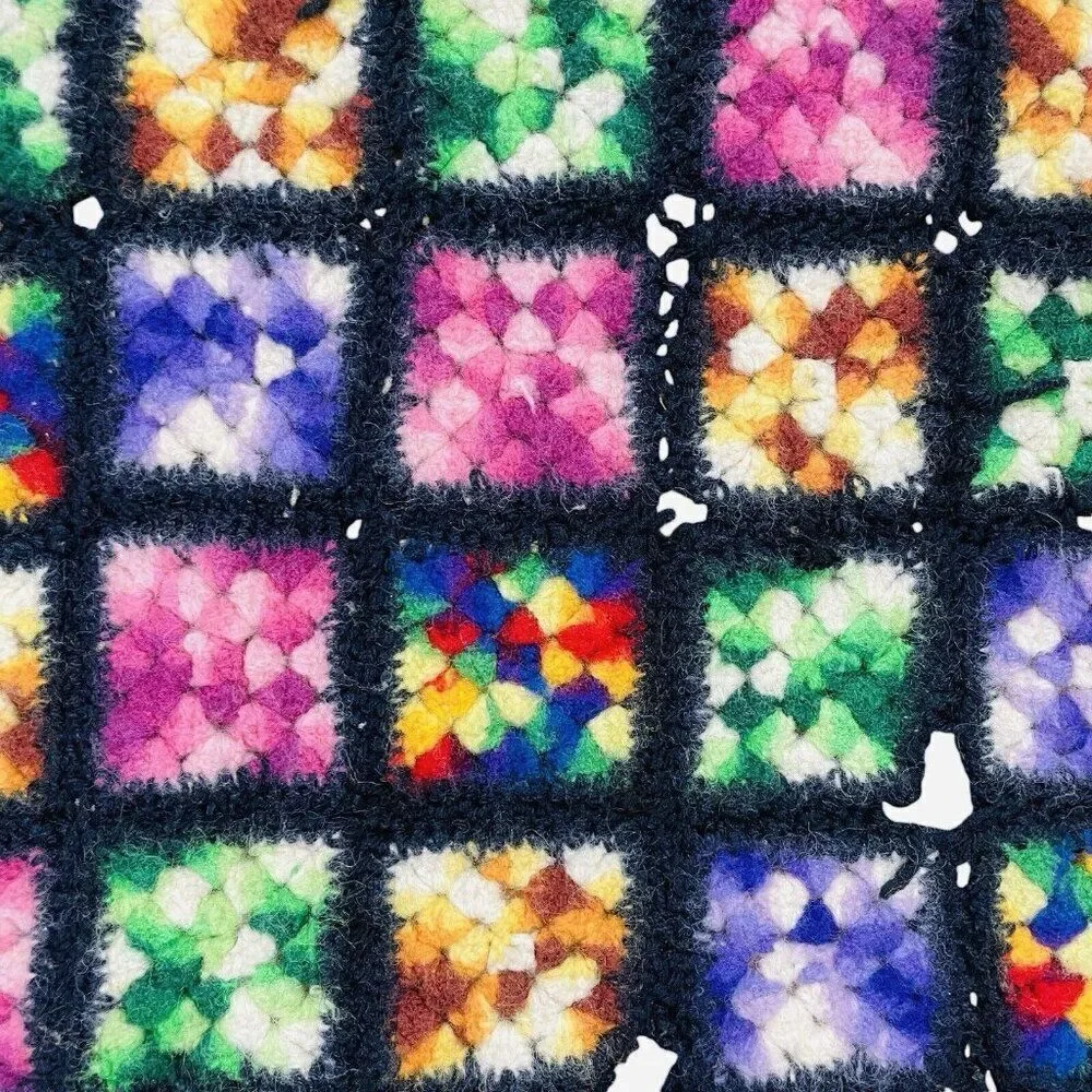Vintage Handmade Crochet Colorful Granny Square Afghan Throw 35 x 34 Couch Sofa